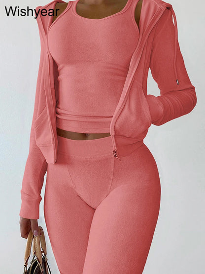 Sweatsuit 3 Piece Pants Set Women Clothing Velvet Vest+Hoodies Jackets+Sweatpants Outfit Fall Winter Tracksuits Jogger Suits New