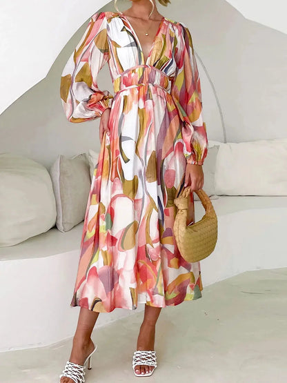 Women's Midi Dress Watercolor Print Deep V Neck... → "Watercolor Lantern Sleeve Maxi Dress