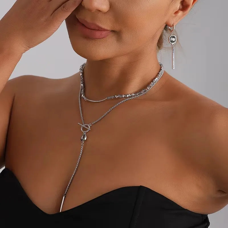 Women's Gray Glass Jewelry Long Tassel Layered Bracelet Drop Earrings Fashion Accessories Trendy Daily Party Wear Gift