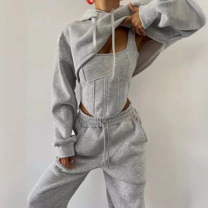 Sweat Suit Set Women Hoodies Three 3 Pieces Outfit Pants Sets Casual Loose Winter Warm Tracksuits 2 Two Pieces Solid Sportswear