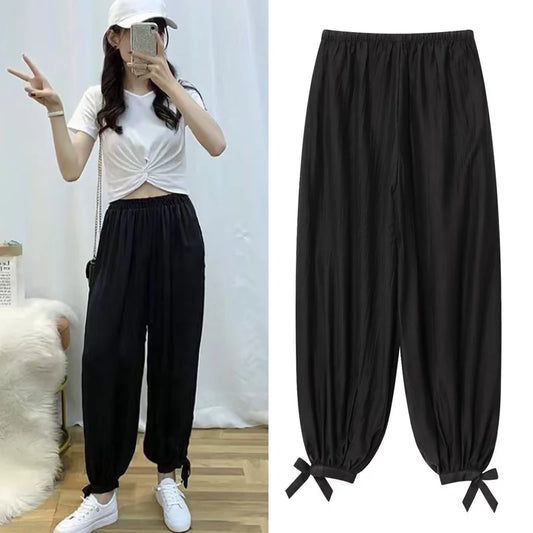 Woman's Pants Black Bloomber Trousers Wide Leg Pants For Women 2026 New Streetwear Elastic Waist Casual Solid Pants Bow Lace Up