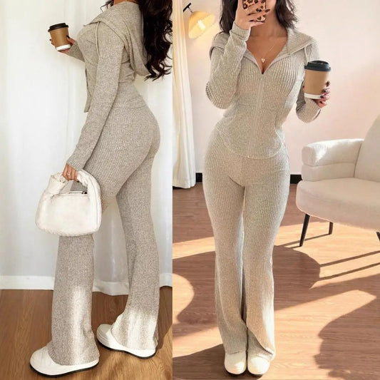 Women's 2 Piece Sweatsuits Zip Up Hoodies And Bell Bottom Pants Ribbed Knit Outfits Sexy Bodycon Workout Tracksuits  여성 트랙스루트