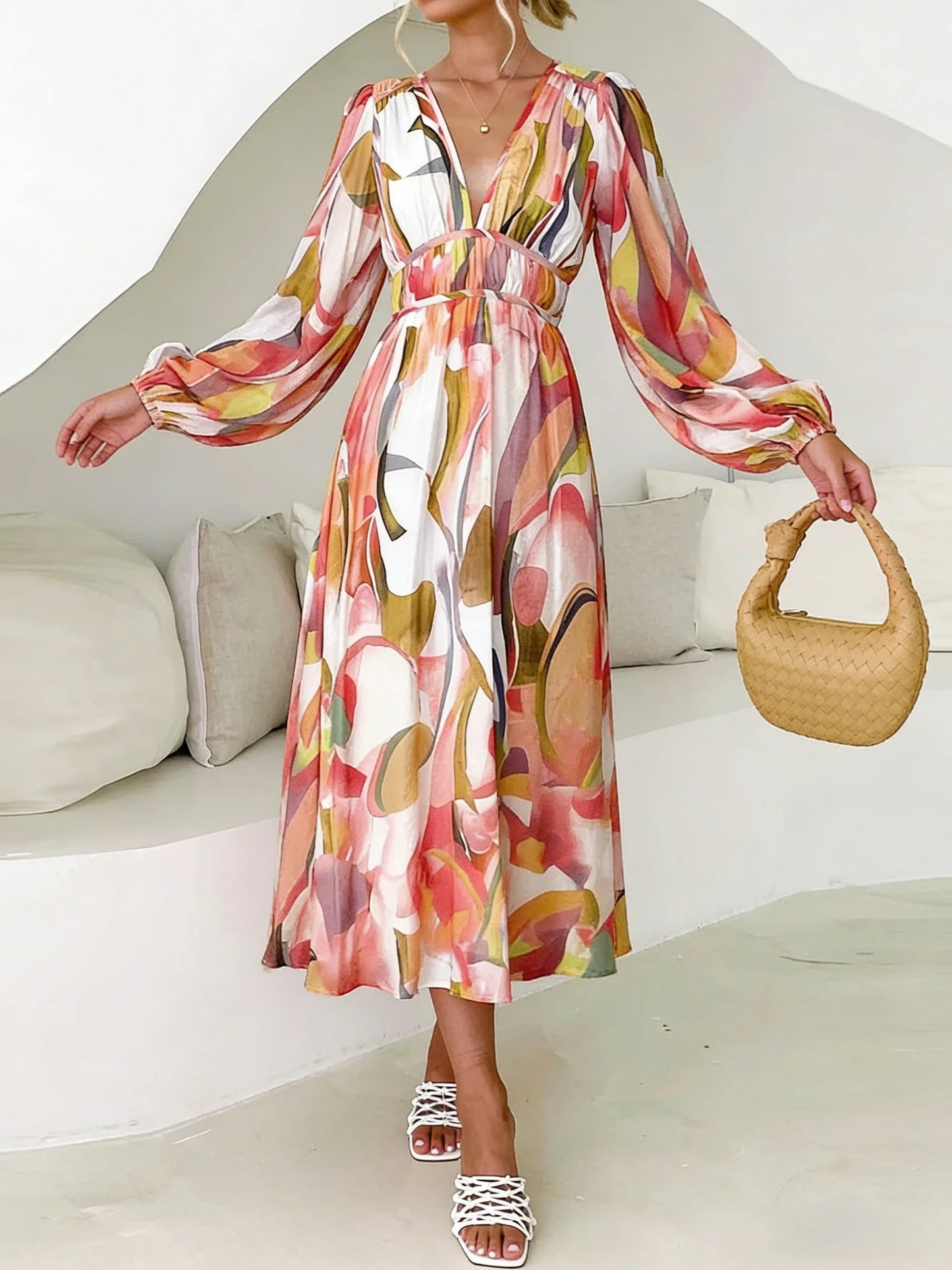 Women's Midi Dress Watercolor Print Deep V Neck... → "Watercolor Lantern Sleeve Maxi Dress