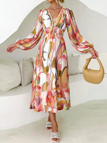 Women's Midi Dress Watercolor Print Deep V Neck... → "Watercolor Lantern Sleeve Maxi Dress