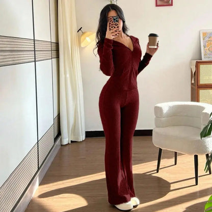 Women's 2 Piece Sweatsuits Zip Up Hoodies And Bell Bottom Pants Ribbed Knit Outfits Sexy Bodycon Workout Tracksuits  여성 트랙스루트