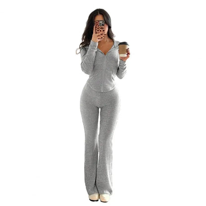 Women's 2 Piece Sweatsuits Zip Up Hoodies And Bell Bottom Pants Ribbed Knit Outfits Sexy Bodycon Workout Tracksuits  여성 트랙스루트