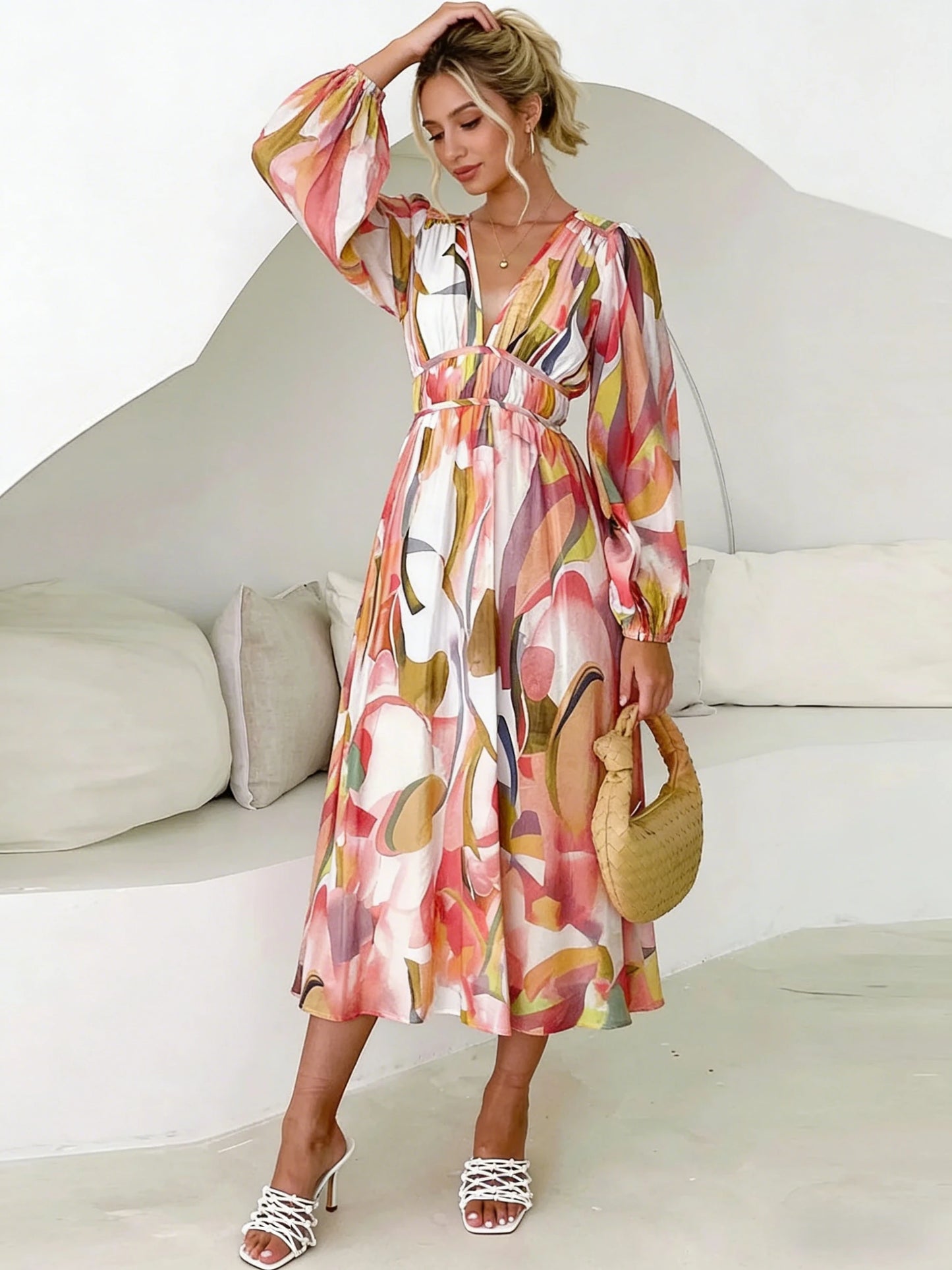 Women's Midi Dress Watercolor Print Deep V Neck... → "Watercolor Lantern Sleeve Maxi Dress