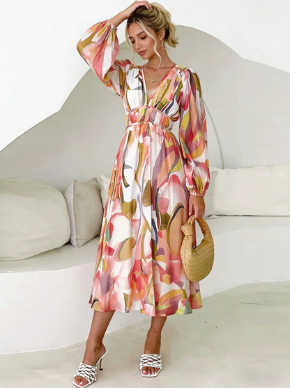 Women's Midi Dress Watercolor Print Deep V Neck... → "Watercolor Lantern Sleeve Maxi Dress