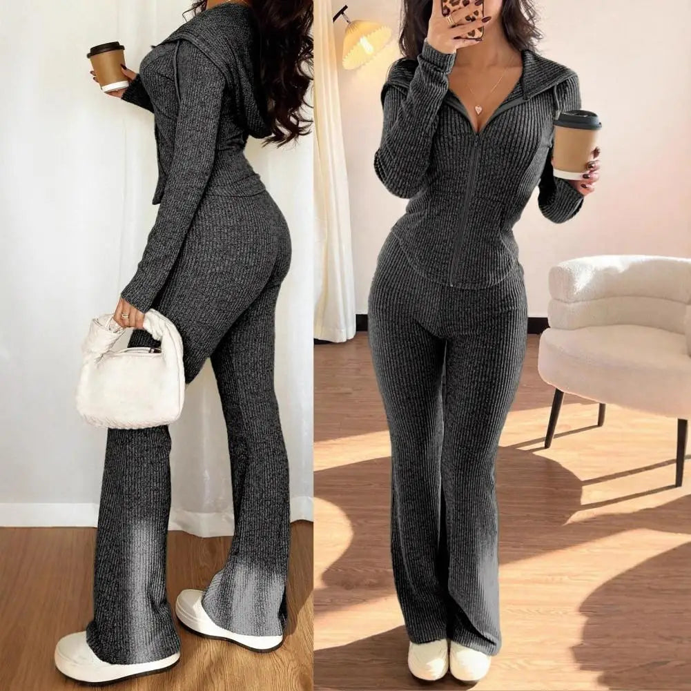 Women's 2 Piece Sweatsuits Zip Up Hoodies And Bell Bottom Pants Ribbed Knit Outfits Sexy Bodycon Workout Tracksuits  여성 트랙스루트