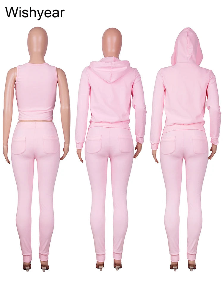 Sweatsuit 3 Piece Pants Set Women Clothing Velvet Vest+Hoodies Jackets+Sweatpants Outfit Fall Winter Tracksuits Jogger Suits New