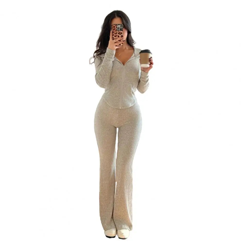 Women's 2 Piece Sweatsuits Zip Up Hoodies And Bell Bottom Pants Ribbed Knit Outfits Sexy Bodycon Workout Tracksuits  여성 트랙스루트