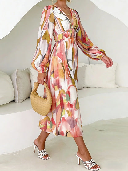Women's Midi Dress Watercolor Print Deep V Neck... → "Watercolor Lantern Sleeve Maxi Dress
