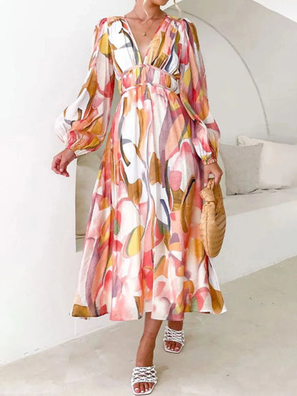 Women's Midi Dress Watercolor Print Deep V Neck... → "Watercolor Lantern Sleeve Maxi Dress