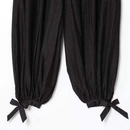 Woman's Pants Black Bloomber Trousers Wide Leg Pants For Women 2026 New Streetwear Elastic Waist Casual Solid Pants Bow Lace Up
