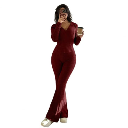 Women's 2 Piece Sweatsuits Zip Up Hoodies And Bell Bottom Pants Ribbed Knit Outfits Sexy Bodycon Workout Tracksuits  여성 트랙스루트