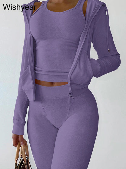 Sweatsuit 3 Piece Pants Set Women Clothing Velvet Vest+Hoodies Jackets+Sweatpants Outfit Fall Winter Tracksuits Jogger Suits New