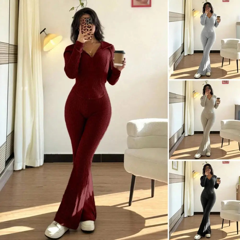 Women's 2 Piece Sweatsuits Zip Up Hoodies And Bell Bottom Pants Ribbed Knit Outfits Sexy Bodycon Workout Tracksuits  여성 트랙스루트