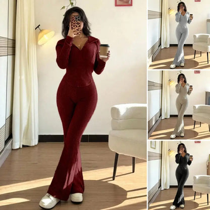 Women's 2 Piece Sweatsuits Zip Up Hoodies And Bell Bottom Pants Ribbed Knit Outfits Sexy Bodycon Workout Tracksuits  여성 트랙스루트